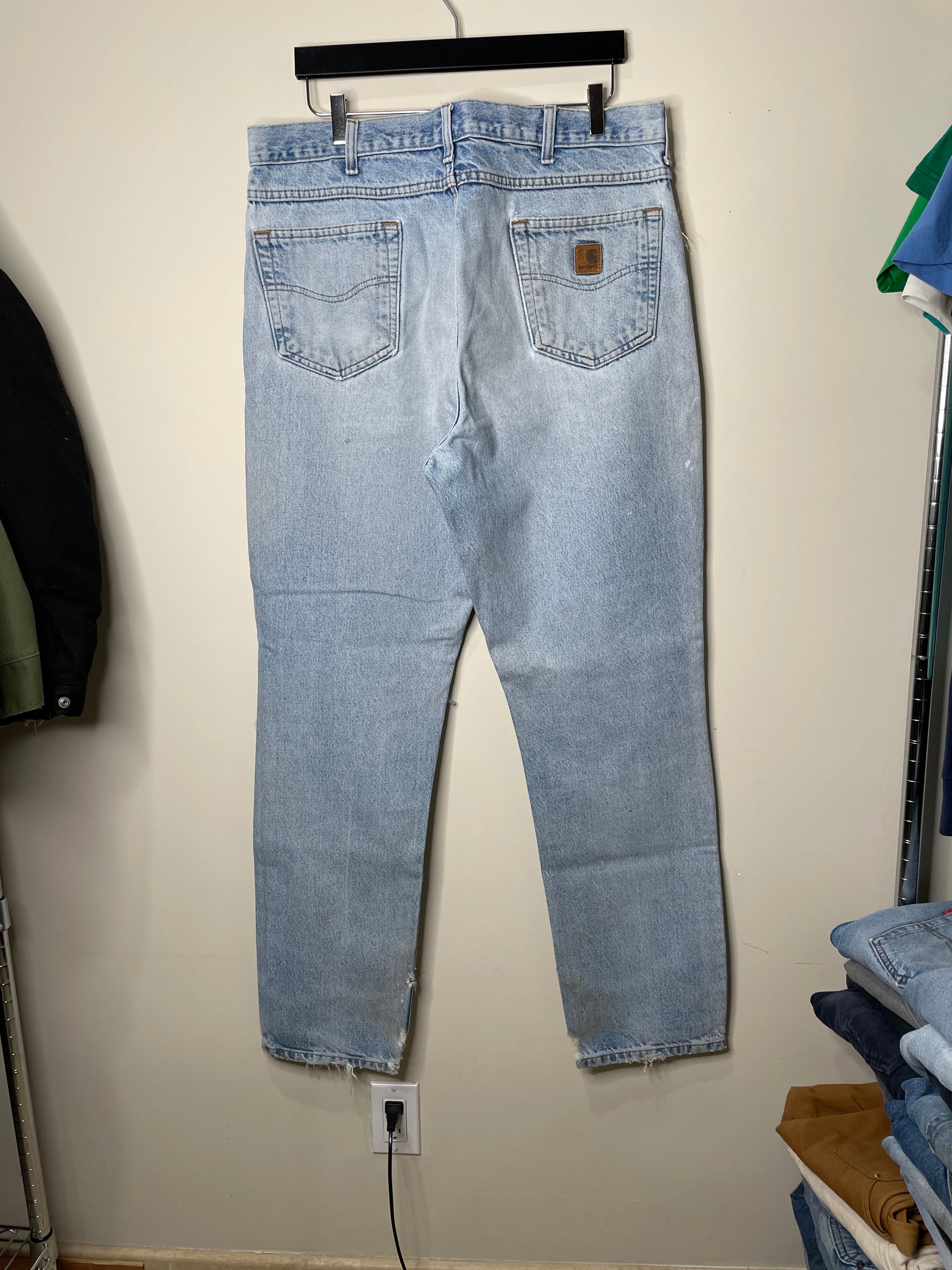 Carhartt B18 Patched Repaired Faded Blue Denim (37X33)