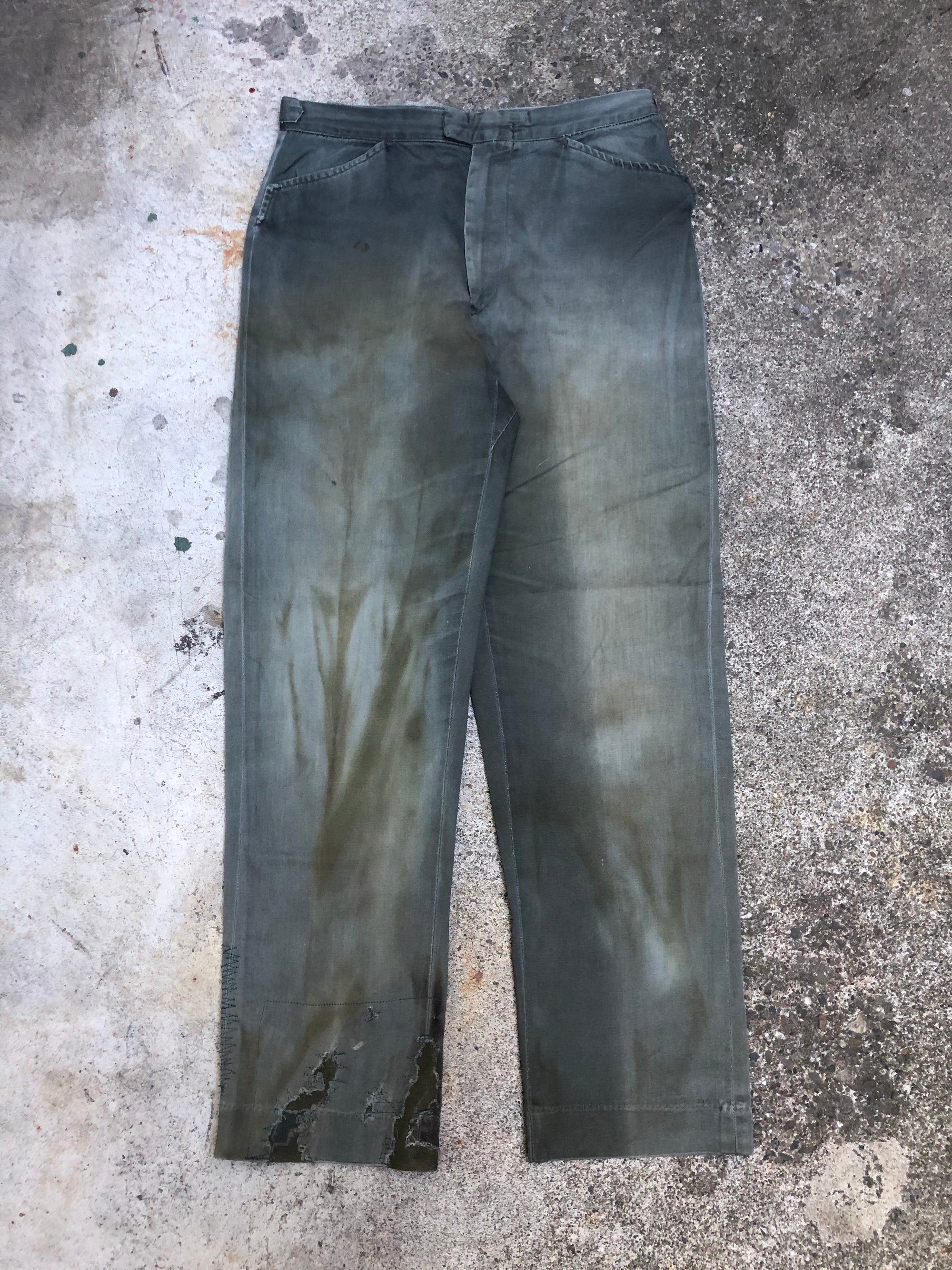 1950s Repaired Worn In Green Work Chinos (29-31X30)
