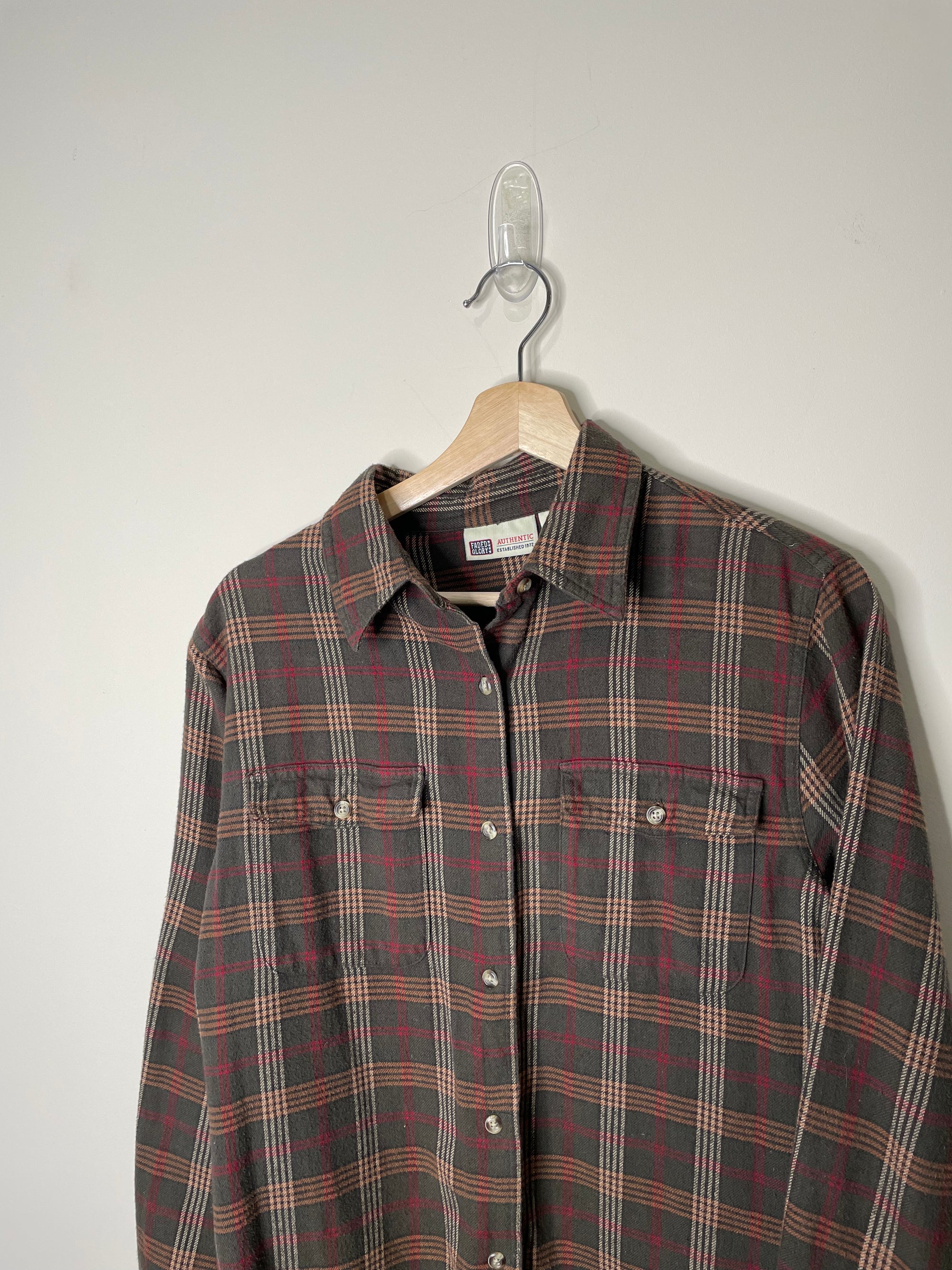 2000s Faded Olive Plaid Flannel Shirt (S/M)