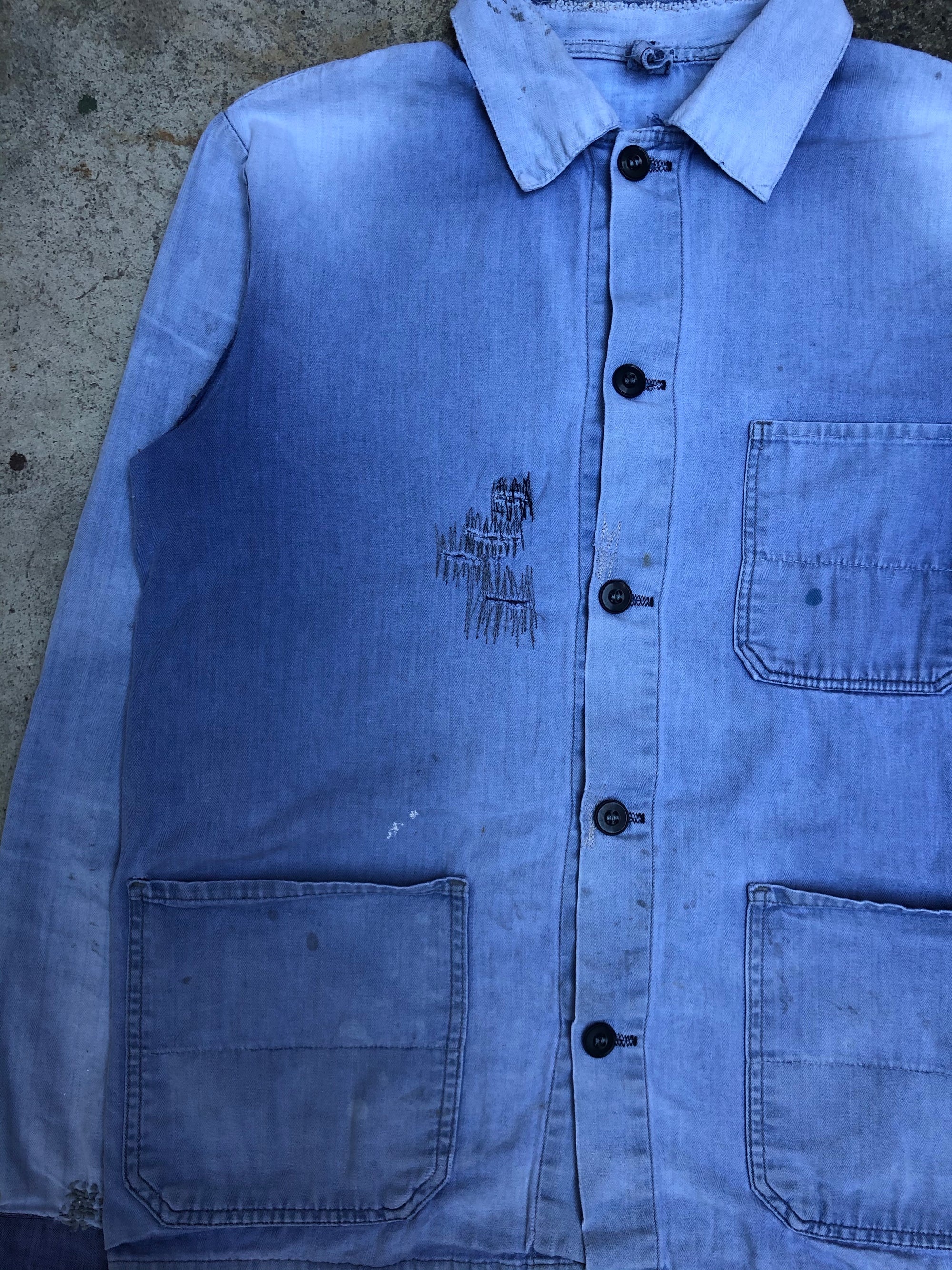 1960s Sun Faded Blue Repaired French Chore Jacket