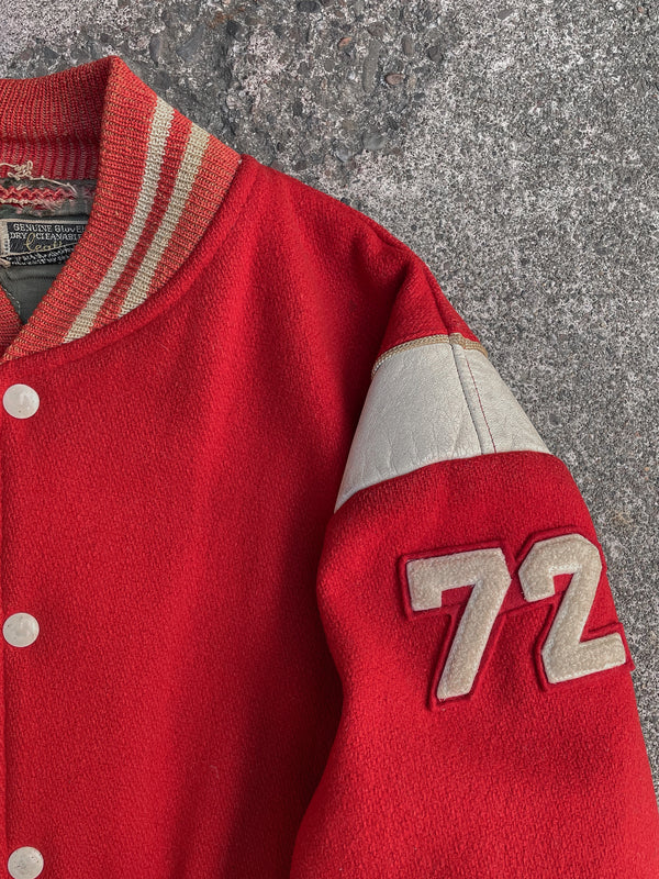 1970s Faded Red “Bay City Handy” Chain Stitched Varsity Jacket