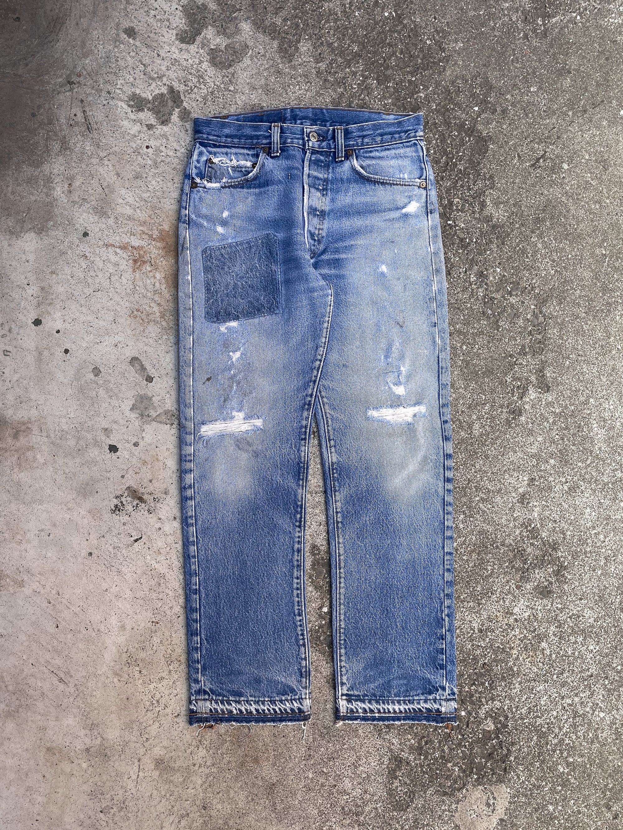 1980s Levi’s Patched Distressed Blue 501 Released Hem (28X29)