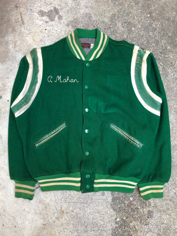 1960s Wilson Chain Stitch Green Wool Varsity Jacket