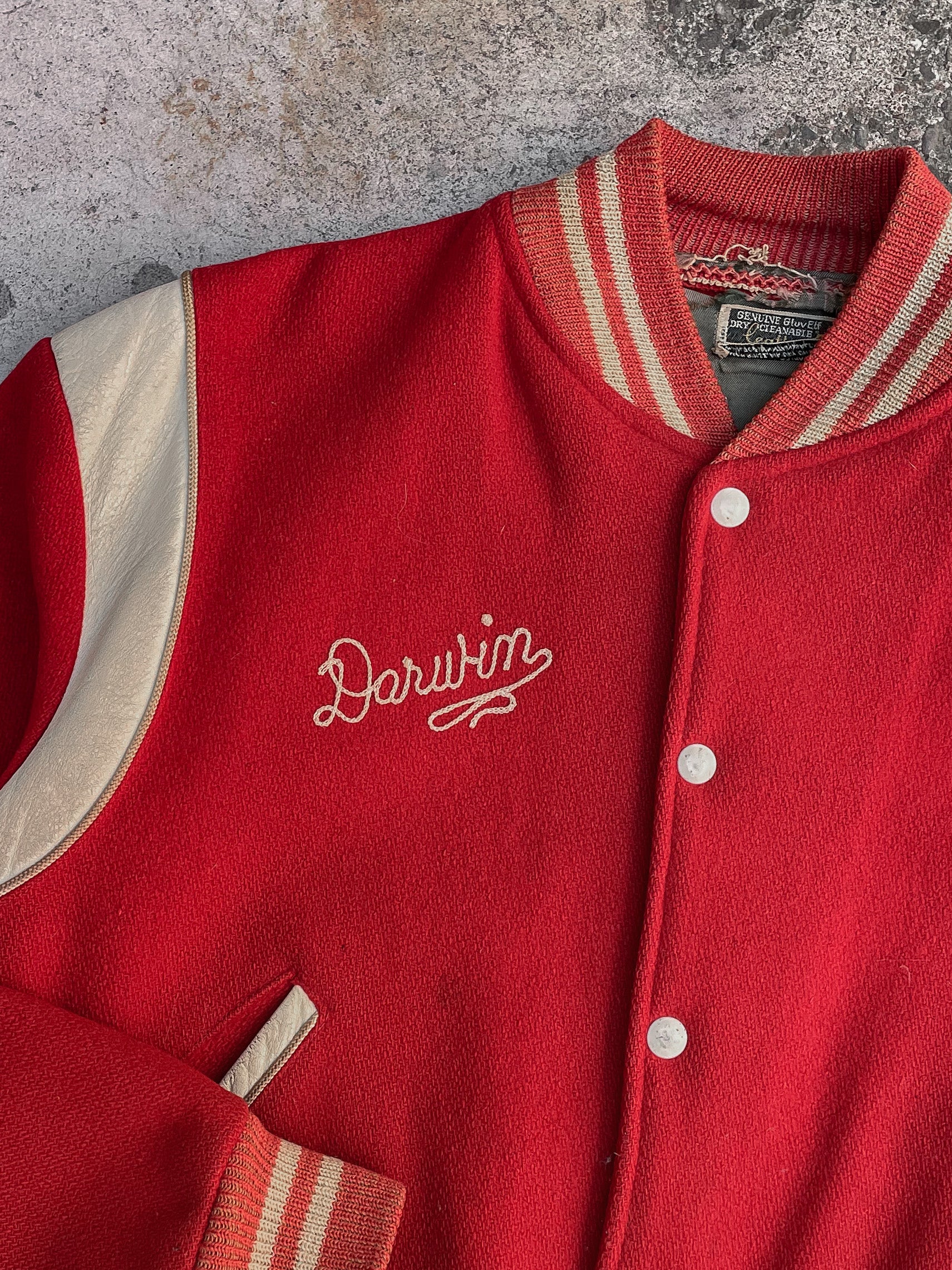 1970s Faded Red “Bay City Handy” Chain Stitched Varsity Jacket