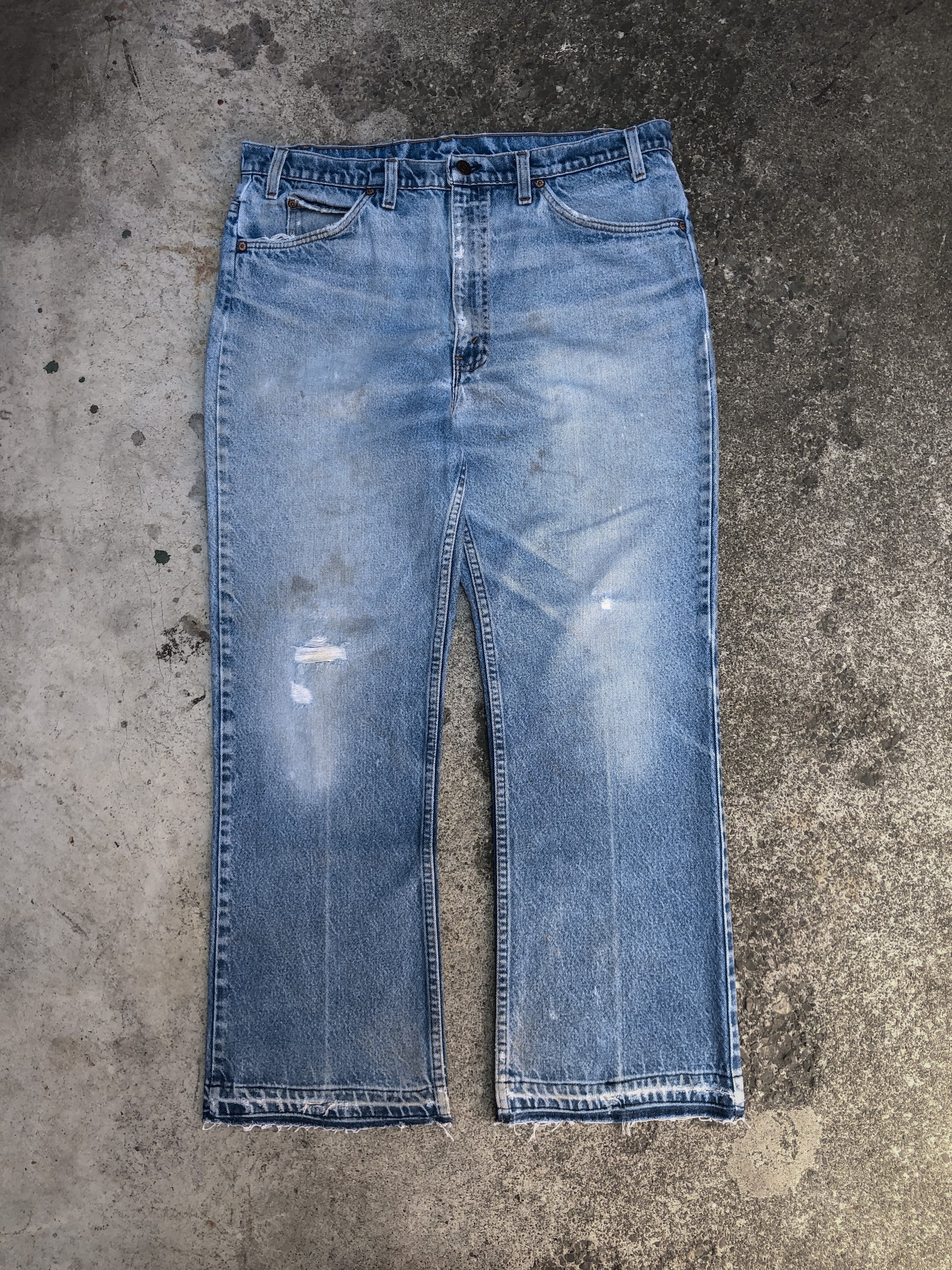 1980s Orange Tab Levis Distressed Blue 517 Released Hem Talon Zip (36X27)