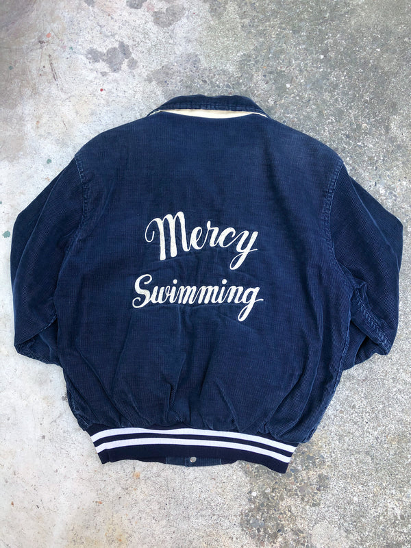 1980s Navy Corduroy Chain Stitch “Mercy Swimming” Varsity Jacket