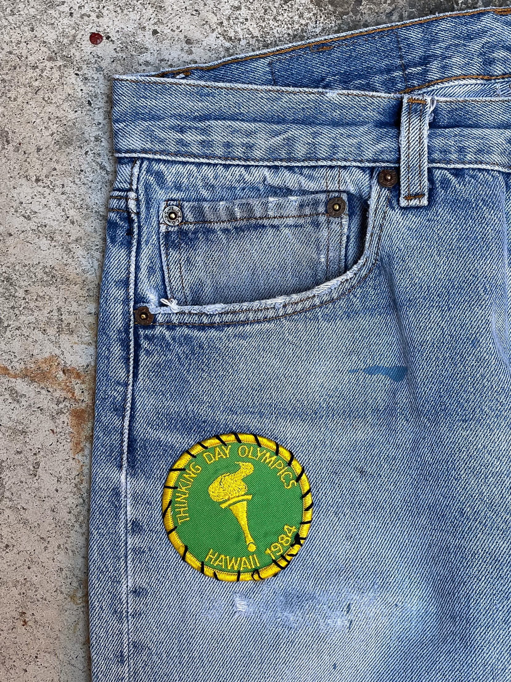 1980s Levi’s “Do Your Thing” Patched Faded Blue 501 Raw Hem (29X23)