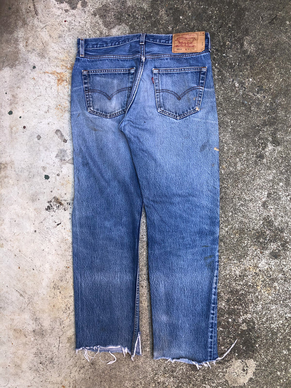 1990s Levis Worn In Blue 501XX Raw Hem (32X28)