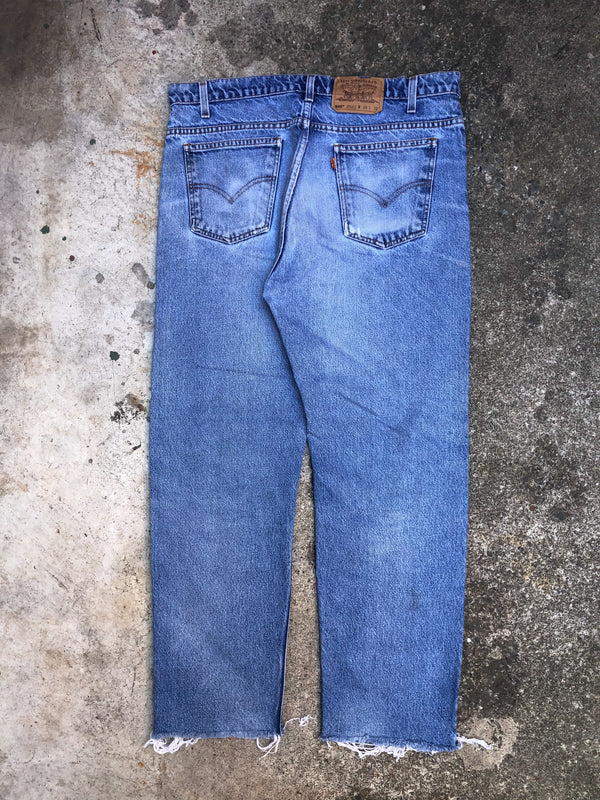 1990s Orange Tab Levis Distressed Blue 505 Raw Hem (36X28)