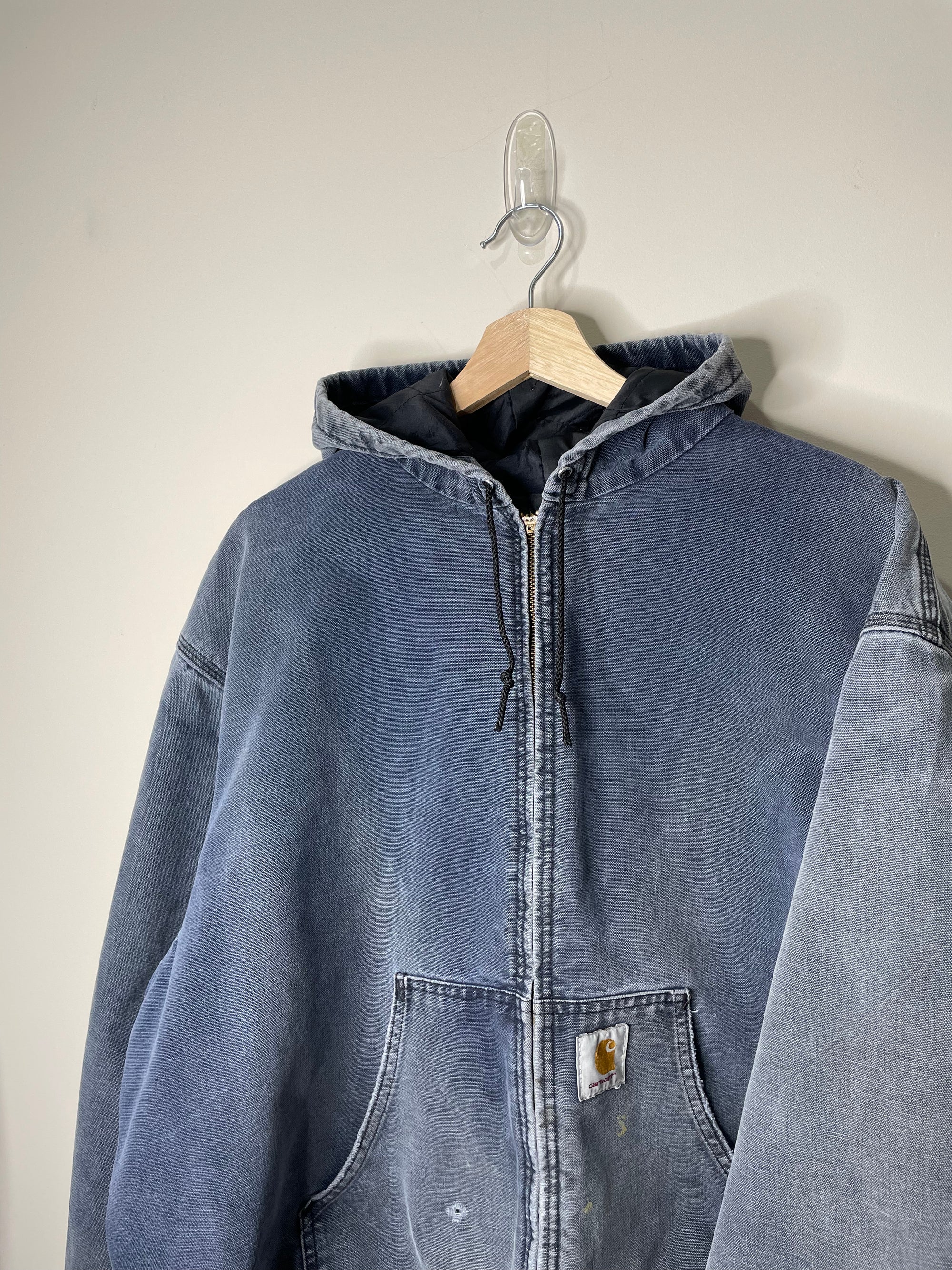 1990s Carhartt Sun Faded Blue Hooded Work Jacket (XXL)