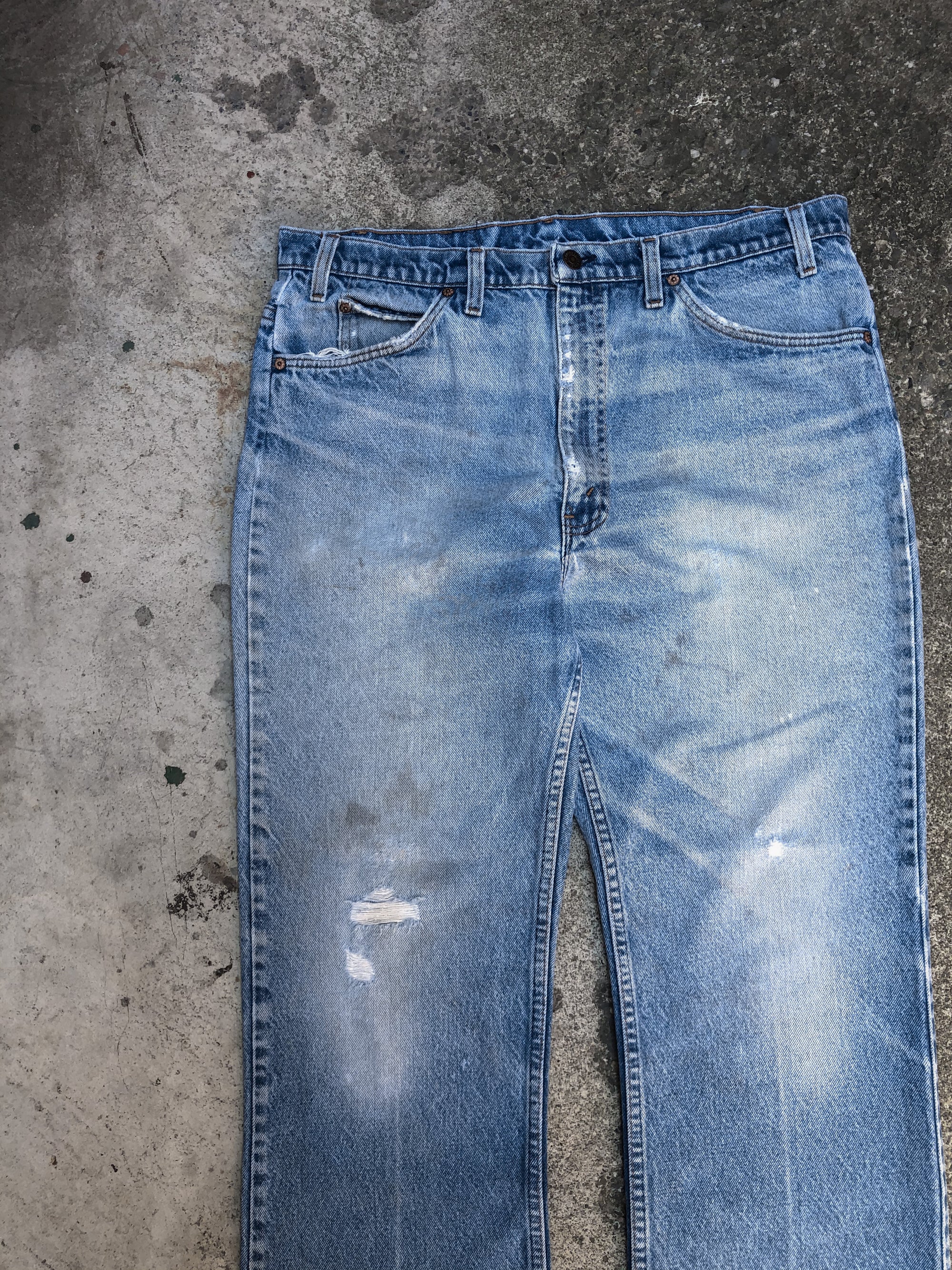 1980s Orange Tab Levis Distressed Blue 517 Released Hem Talon Zip (36X27)