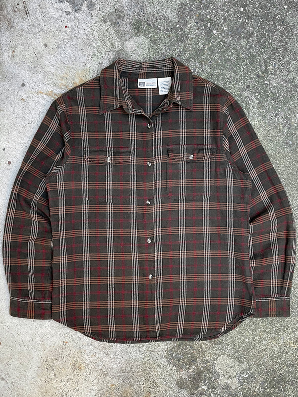 2000s Faded Olive Plaid Flannel Shirt (S/M)