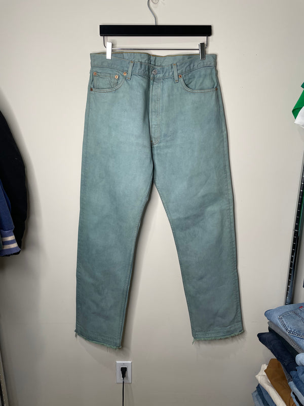 1990s Levi’s Faded Green Blue Overdye 501 Released Hem (34X31)