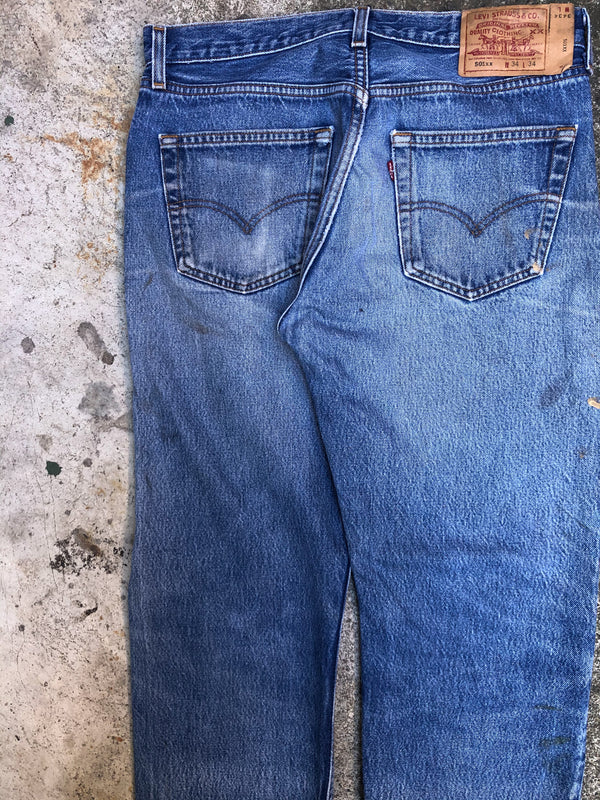 1990s Levis Worn In Blue 501XX Raw Hem (32X28)