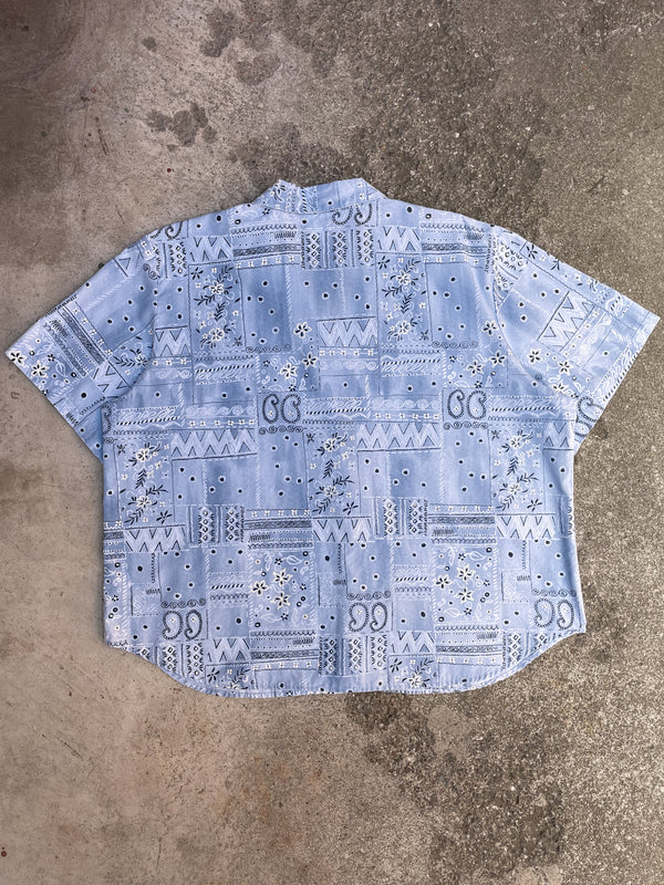 1980s Blue Paisley Boxy Camp Collar Shirt (XL)