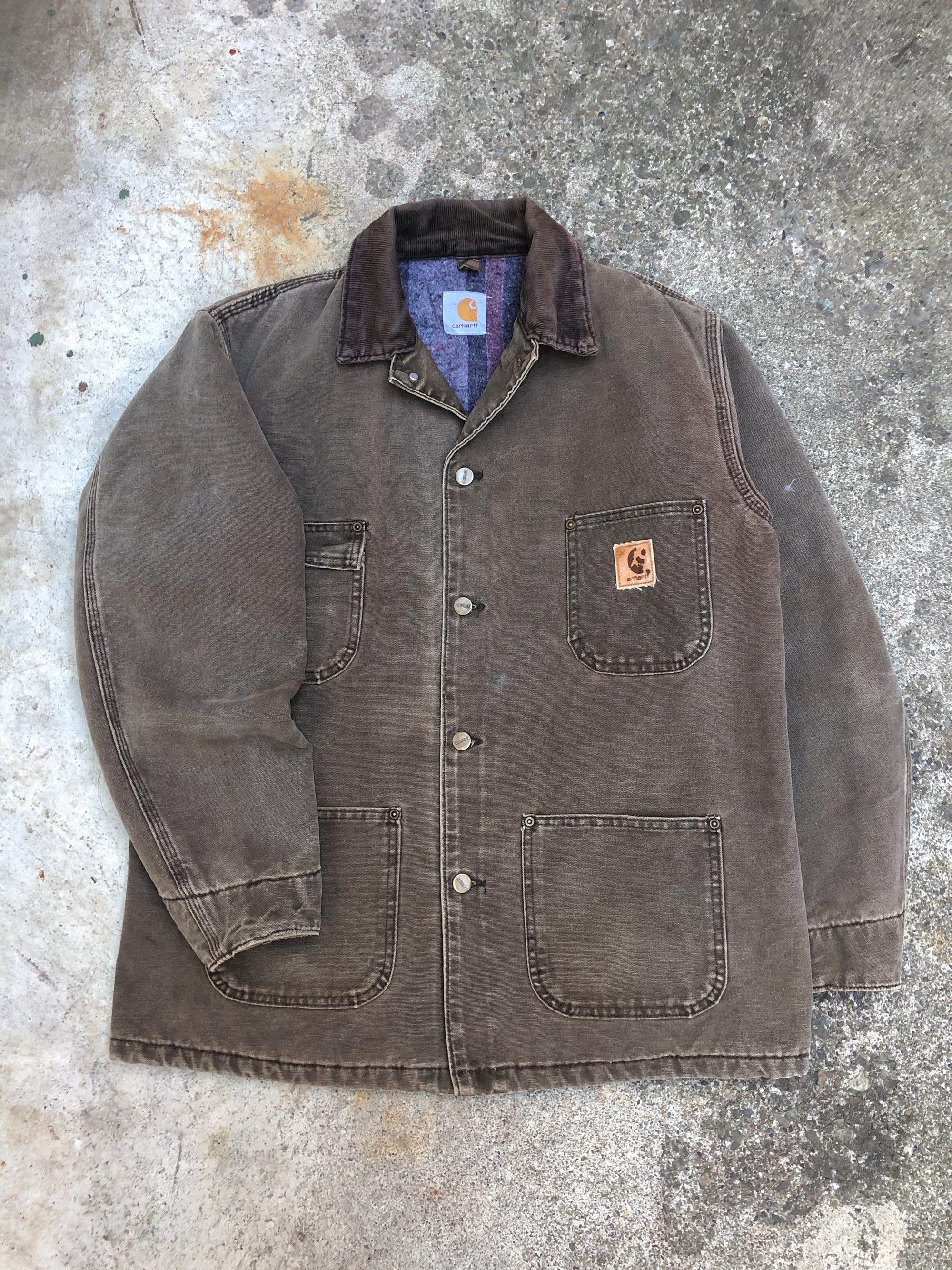 1990s Carhartt Faded Chocolate Brown Lined Chore Jacket (M)