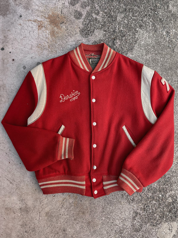 1970s Faded Red “Bay City Handy” Chain Stitched Varsity Jacket