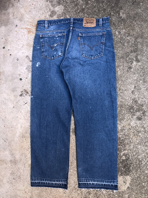 1990s Orange Tab Levis Painted Blue 505 Released Hem (36X27)