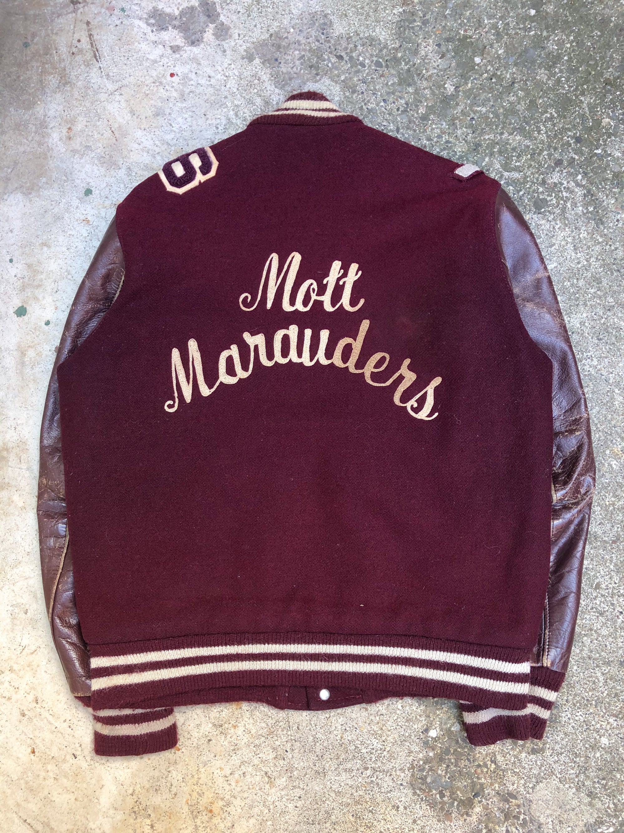 1980s Maroon Chain Stitch “Mott Marauders” Leather Varsity Jacket