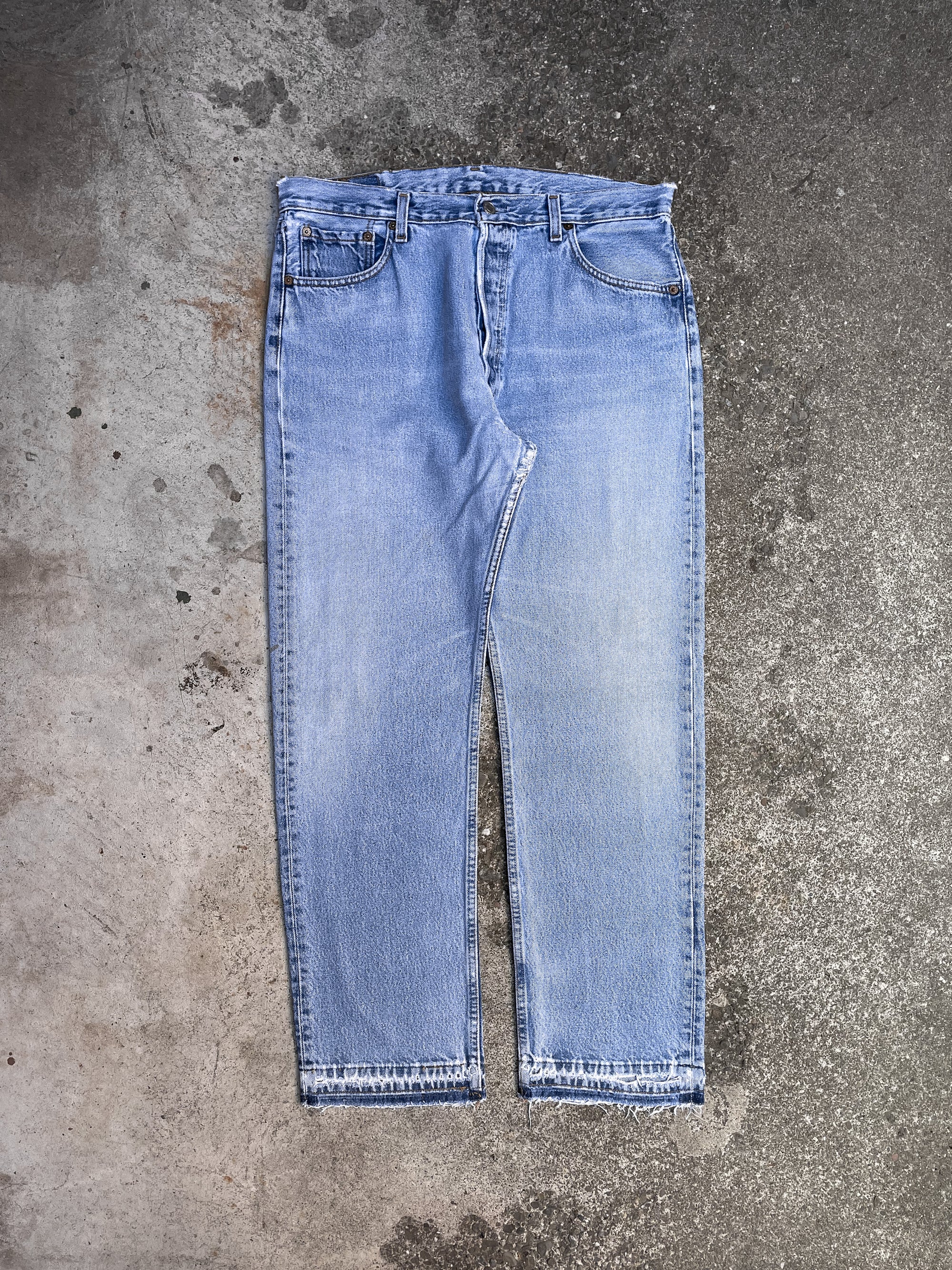 1990s Levi’s Repaired Faded Blue 501 Released Hem (34X30)