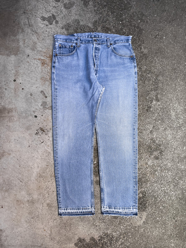 1990s Levi’s Repaired Faded Blue 501 Released Hem (34X30)