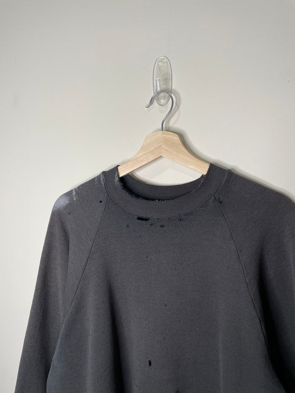 1990s Thrashed Painted Black Boxy Raglan Sweatshirt (M)