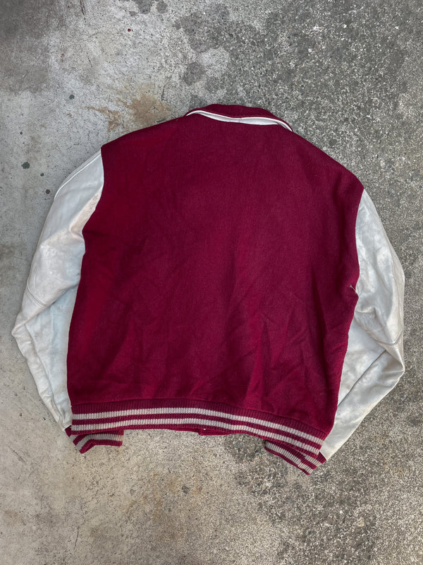 1980s Faded Cardinal Red “R” Bicycle Letterman Leather Jacket