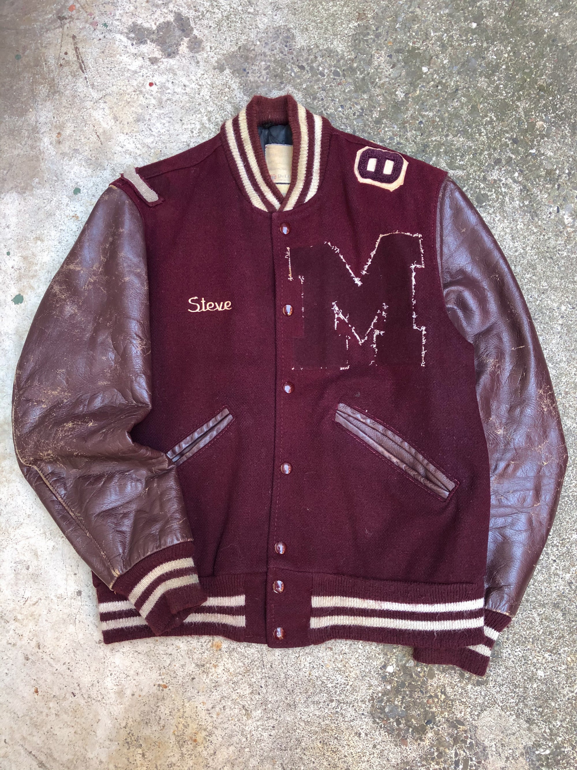 1980s Maroon Chain Stitch “Mott Marauders” Leather Varsity Jacket