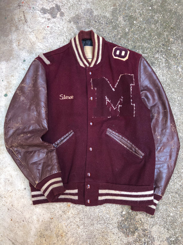 1980s Maroon Chain Stitch “Mott Marauders” Leather Varsity Jacket