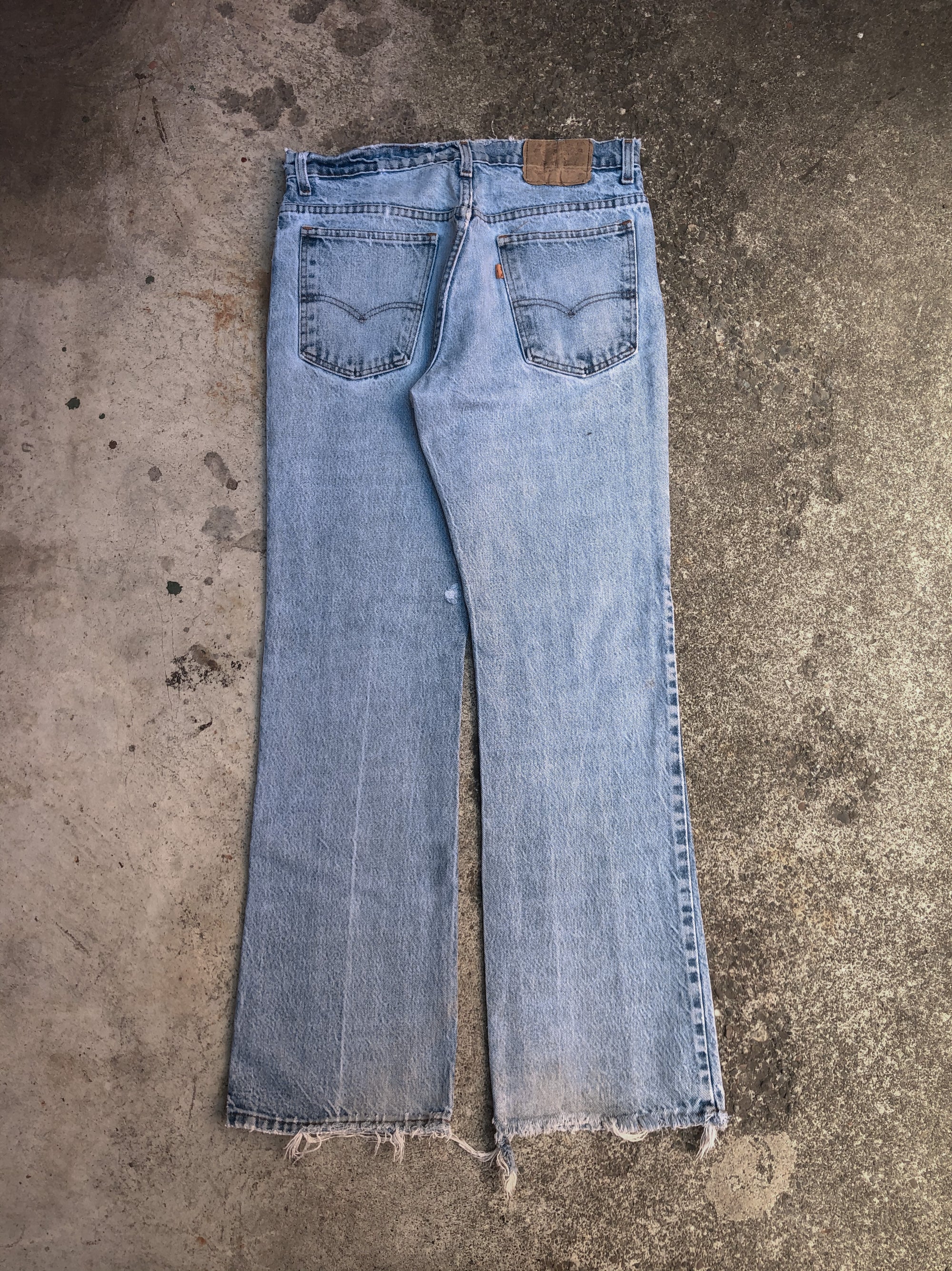 1970s Orange Tab Levis Distressed Faded Blue Flared Denim (31X30)