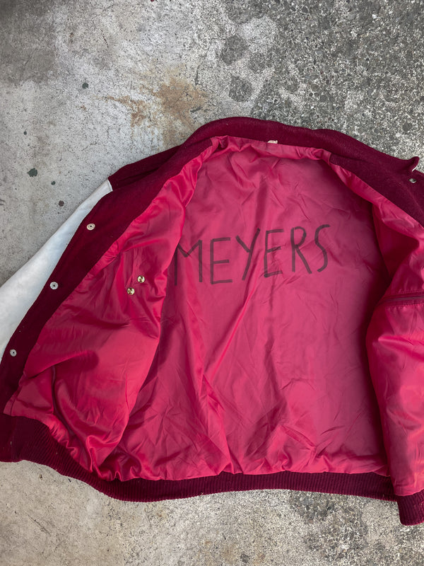 1980s Faded Cardinal Red “R” Bicycle Letterman Leather Jacket