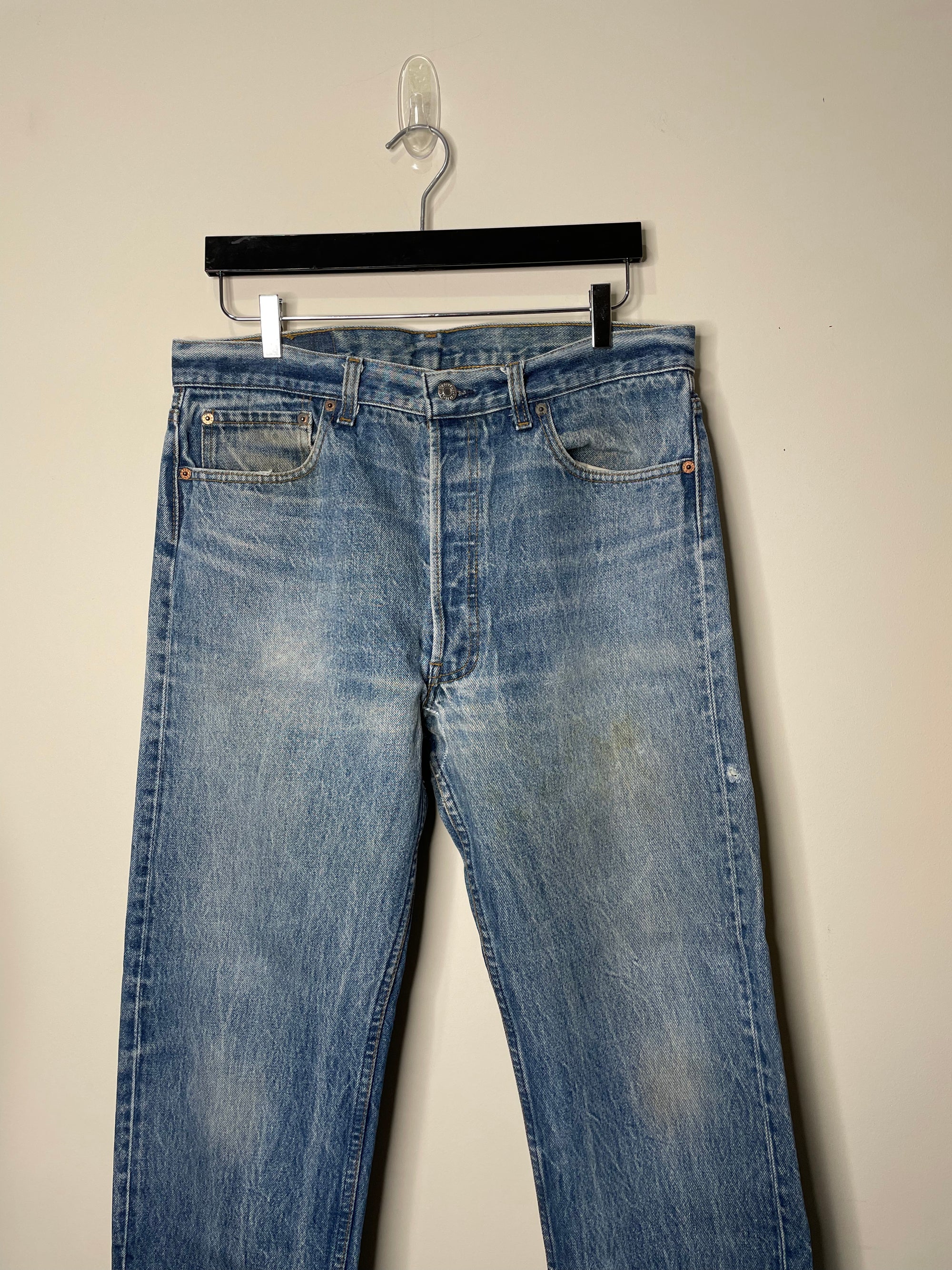 1990s Levi’s Repaired Faded Blue 501xx Released Hem (33X27)