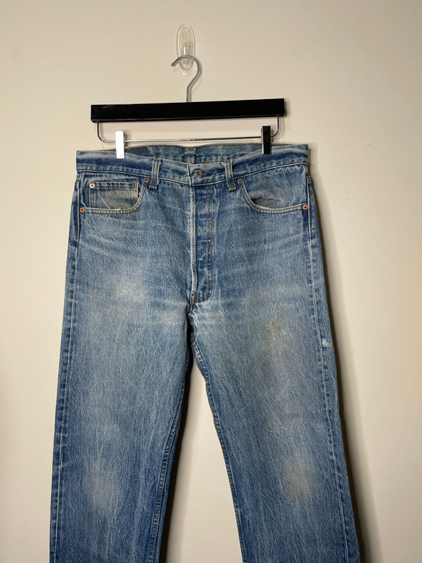 1990s Levi’s Repaired Faded Blue 501xx Released Hem (33X27)