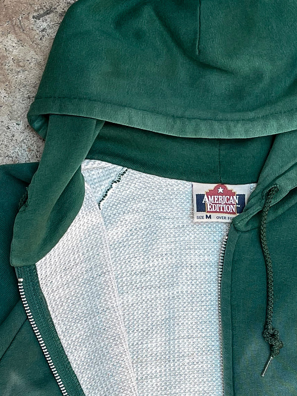 1980s Sun Faded Pine Green Thermal Zip Up Hoodie