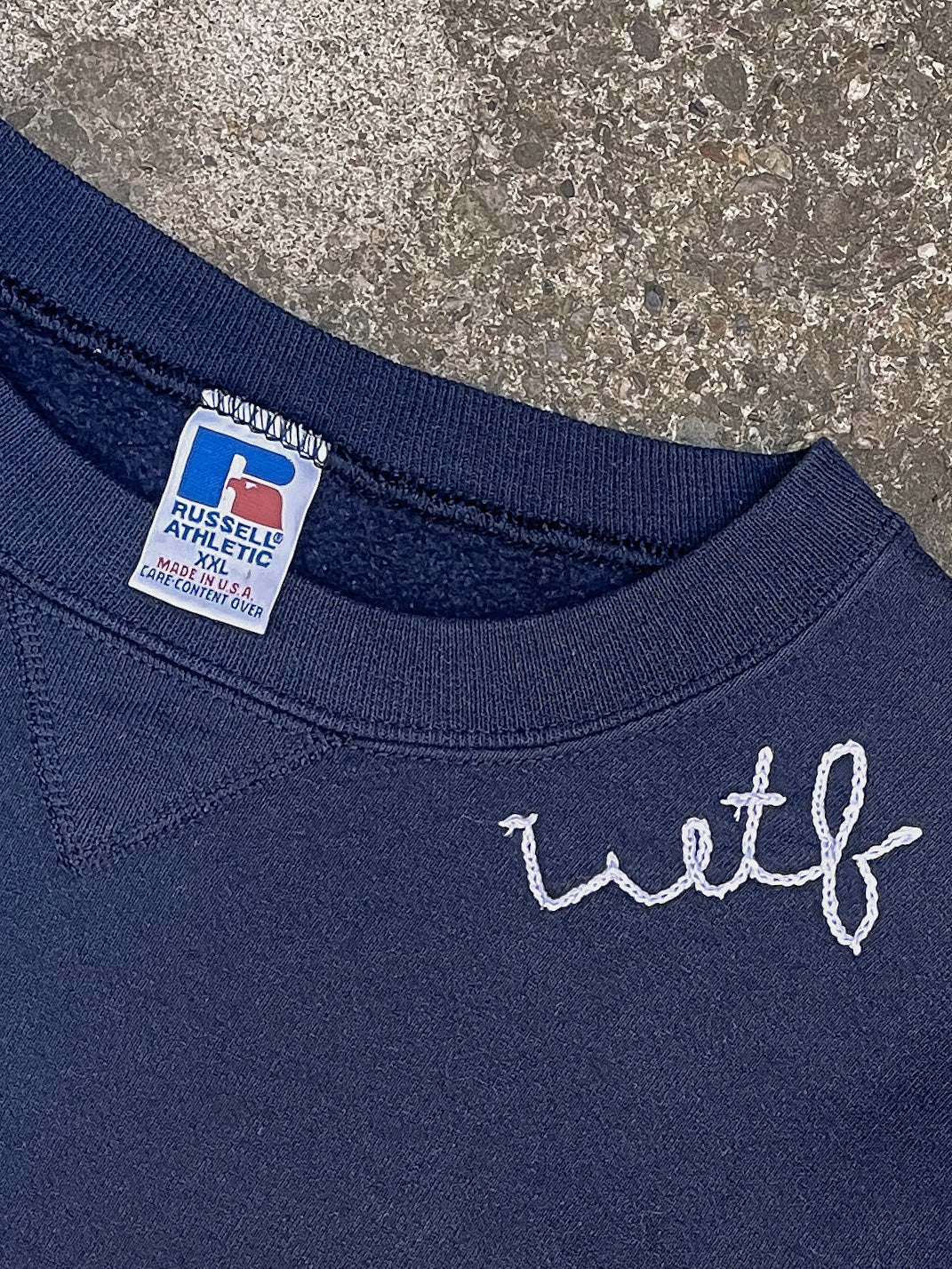 1990s Russell Navy “WTF” Chain Stitched Sweatshirt