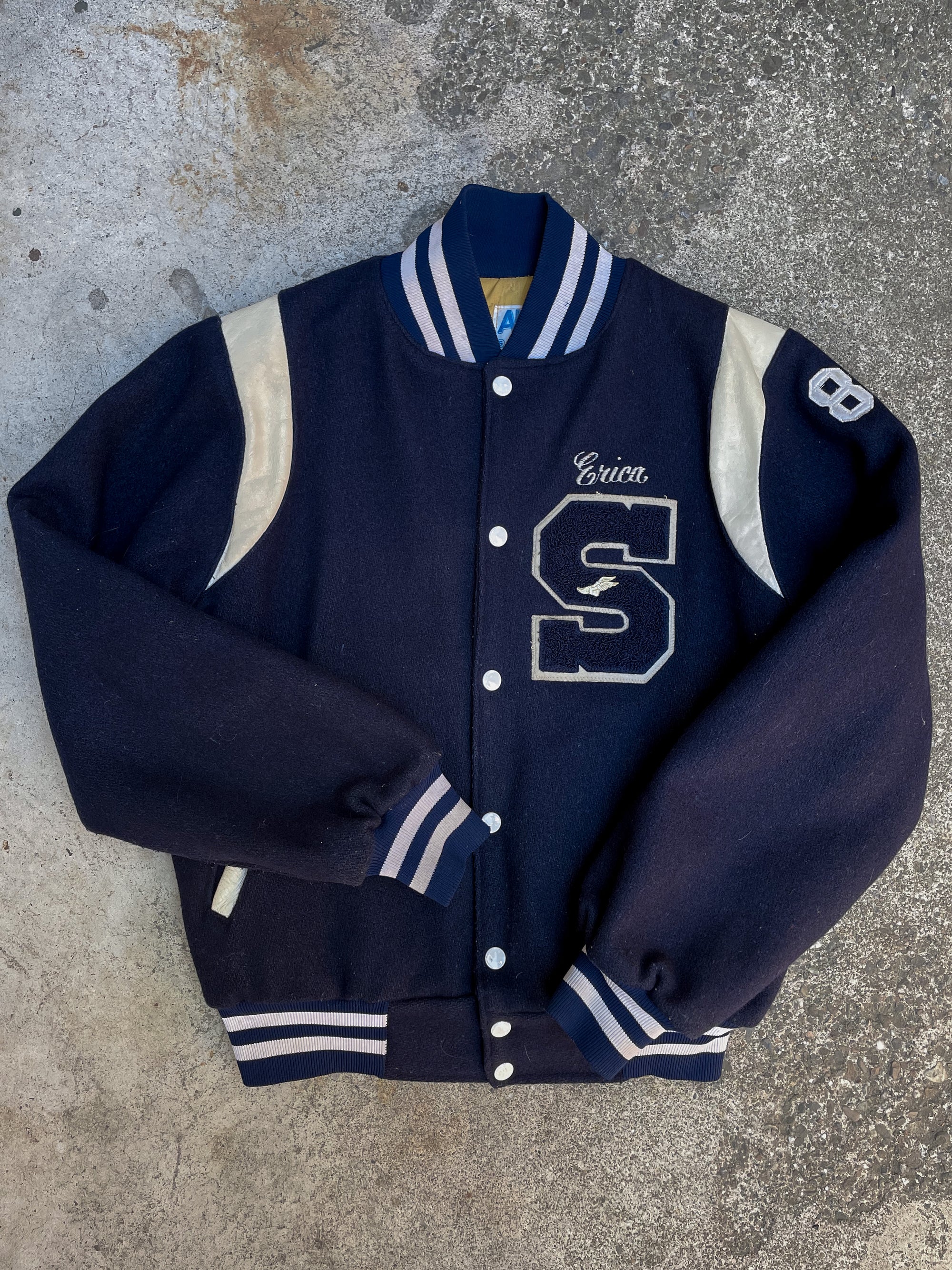 1980s Navy “Salisbury” Chain Stitched Wool Varsity Jacket