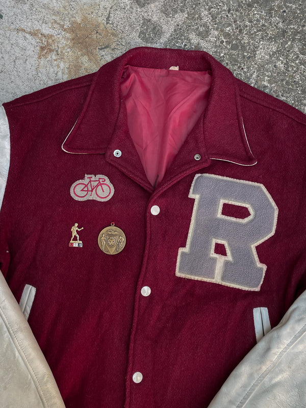 1980s Faded Cardinal Red “R” Bicycle Letterman Leather Jacket