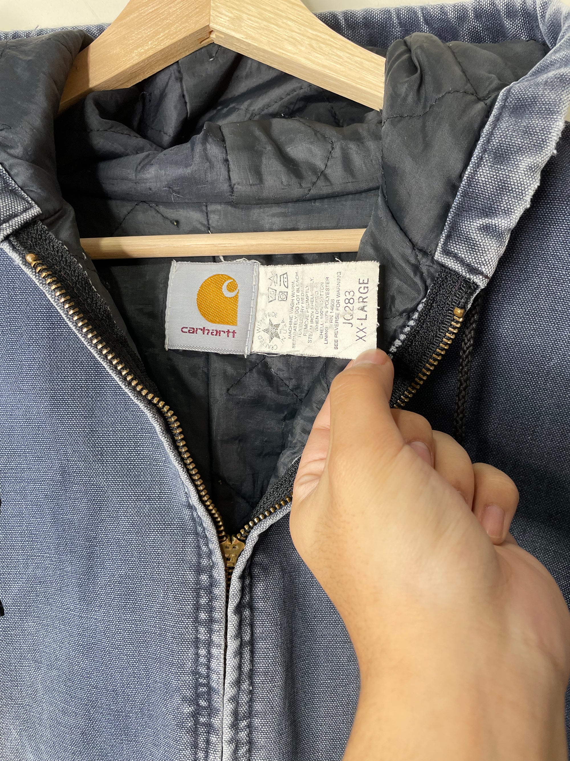 1990s Carhartt Sun Faded Blue Hooded Work Jacket (XXL)