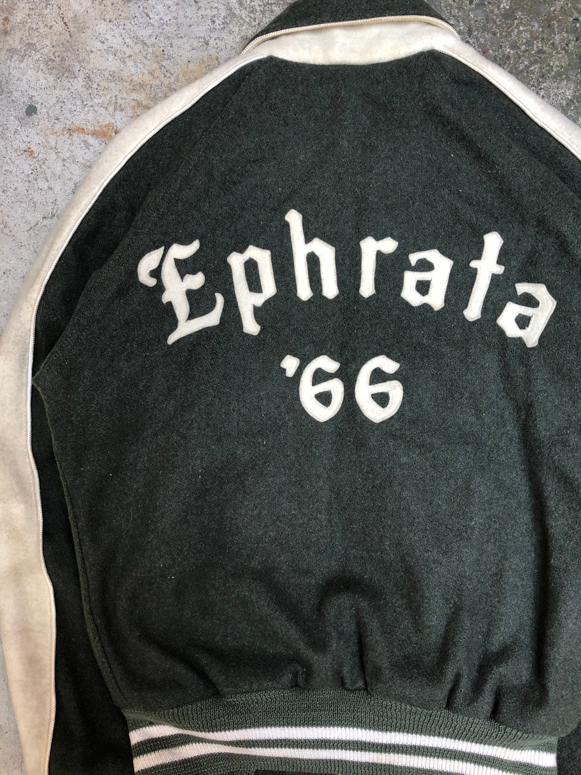 1960s Faded Olive Chain Stitch “Ephrata” Varsity Jacket