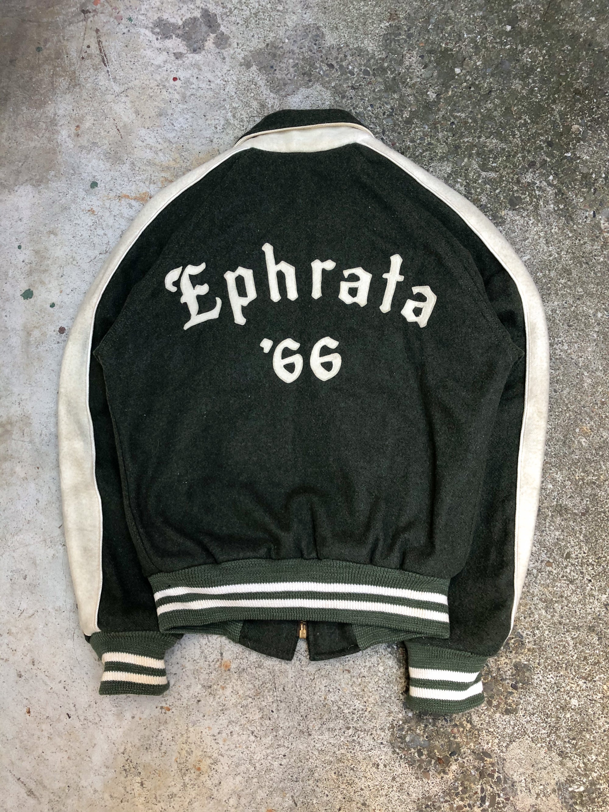 1960s Faded Olive Chain Stitch “Ephrata” Varsity Jacket