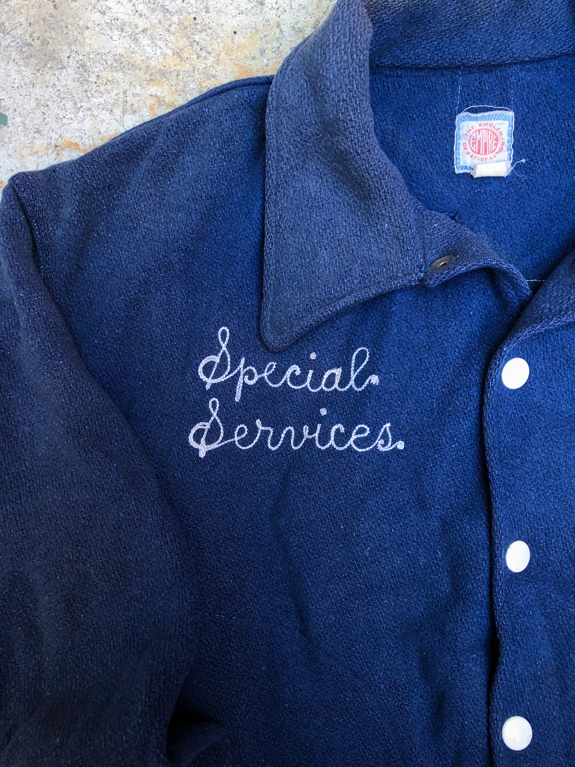 1950s Faded Blue Chain Stitch “Special Services” Varsity Jacket (M)