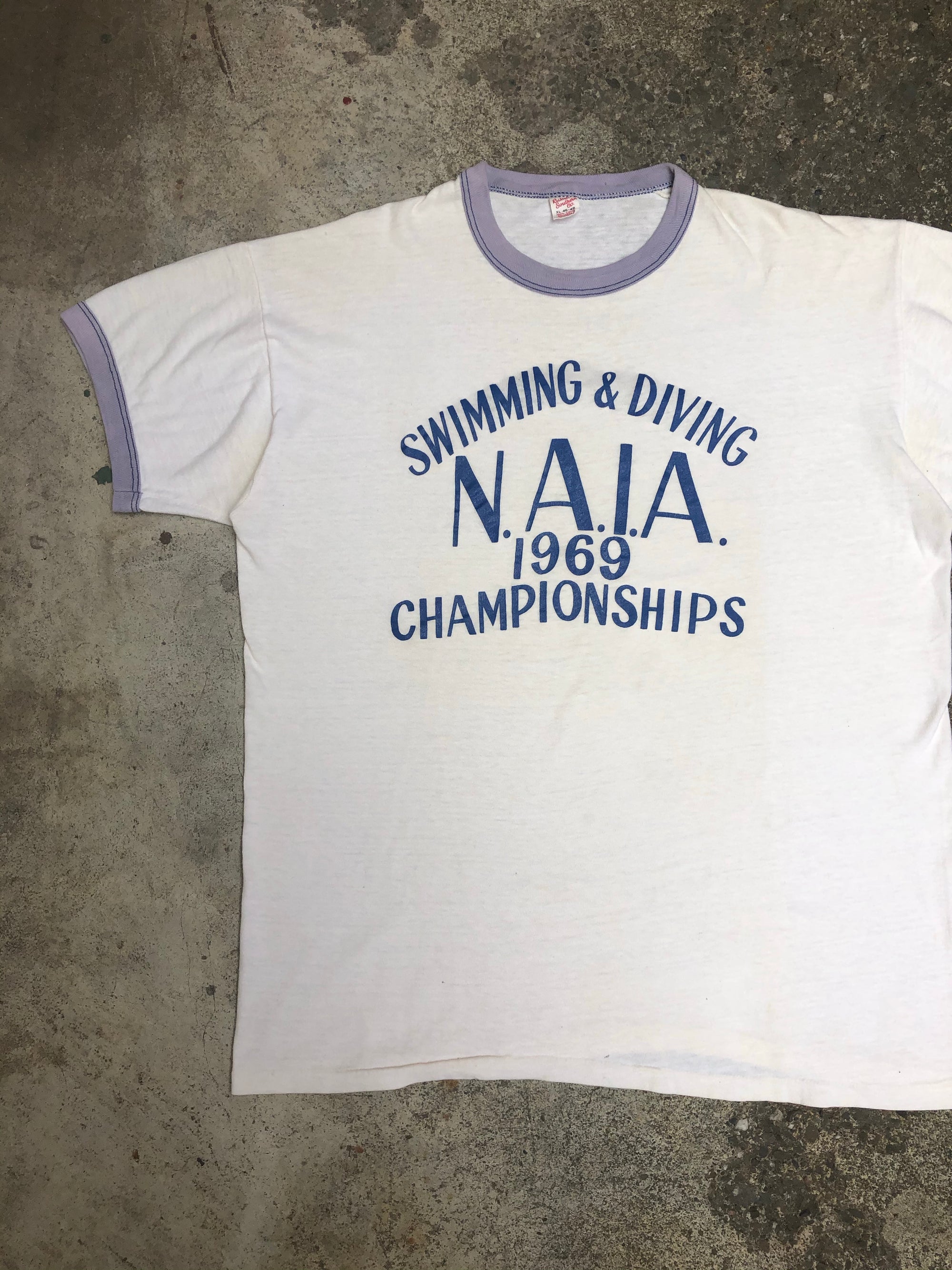 1969 Russell Sun Faded Blue “Swimming and Diving Championships” Ringer Tee