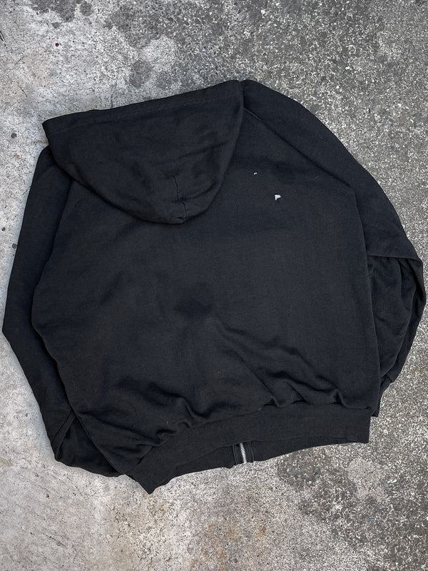 1990s Faded Black Thermal Zip Up Raglan Hoodie