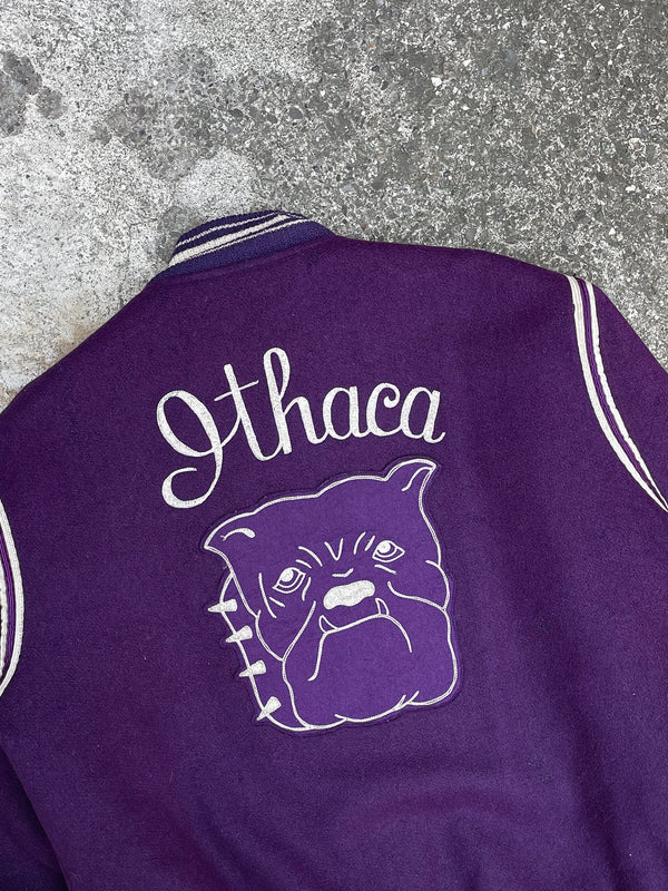 1970s “Ithaca” Chain Stitched Purple Varsity Jacket