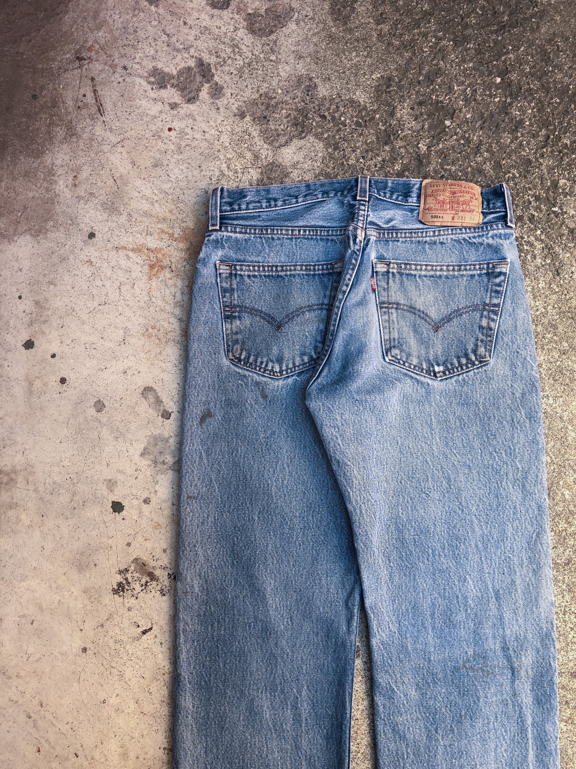 1990s Levis Distressed Worn In Blue 501XX Released Hem (30X30)