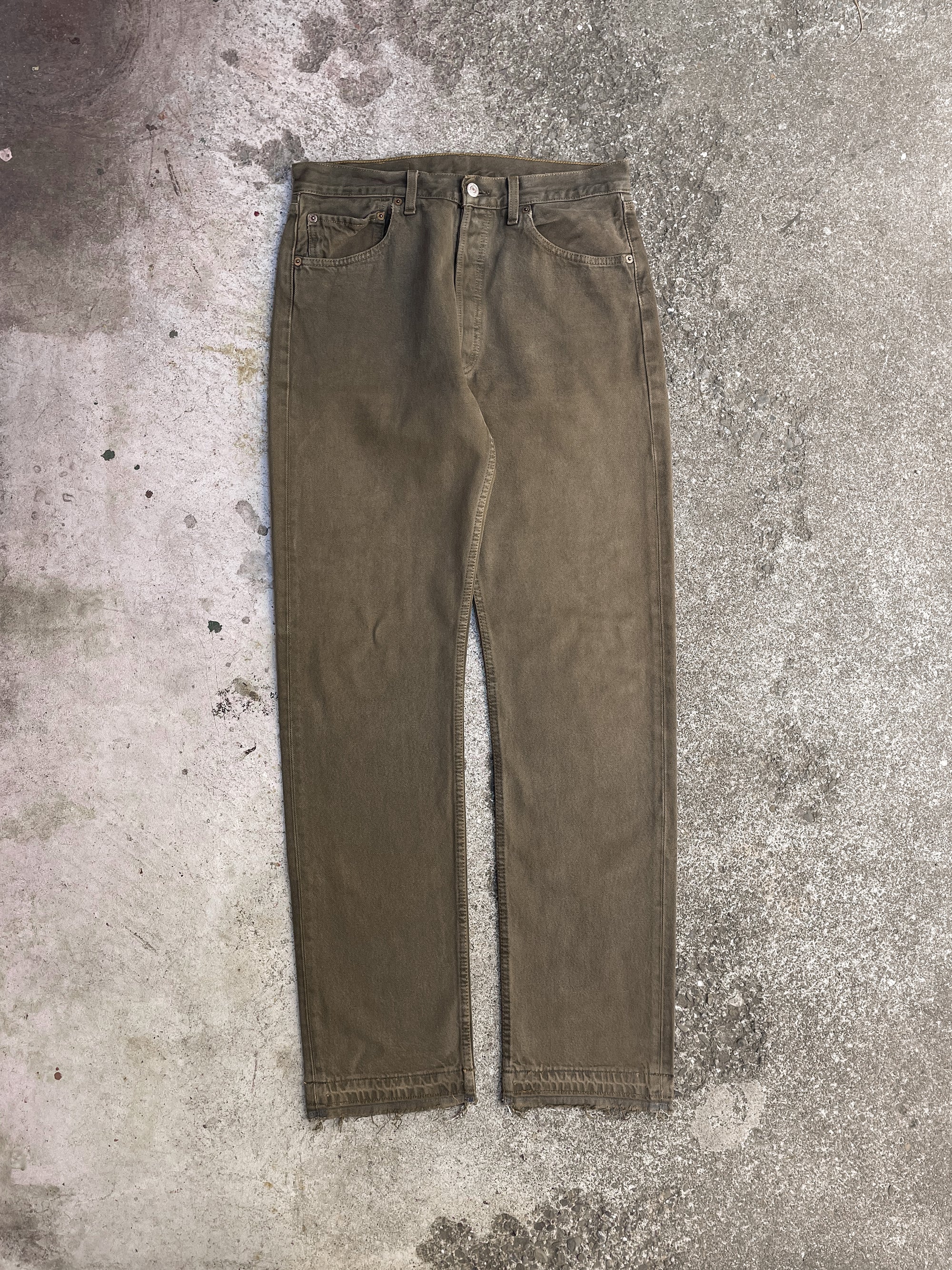 1990s Levi’s Golden Olive Overdye 501 Released Hem (31X33)