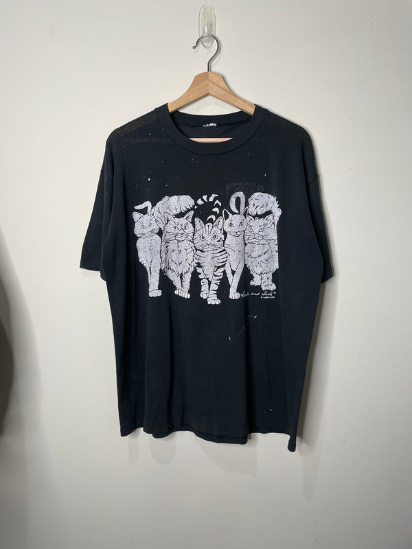 1990s Painted “Heads and Tails” Cat Single Stitched Tee (L)