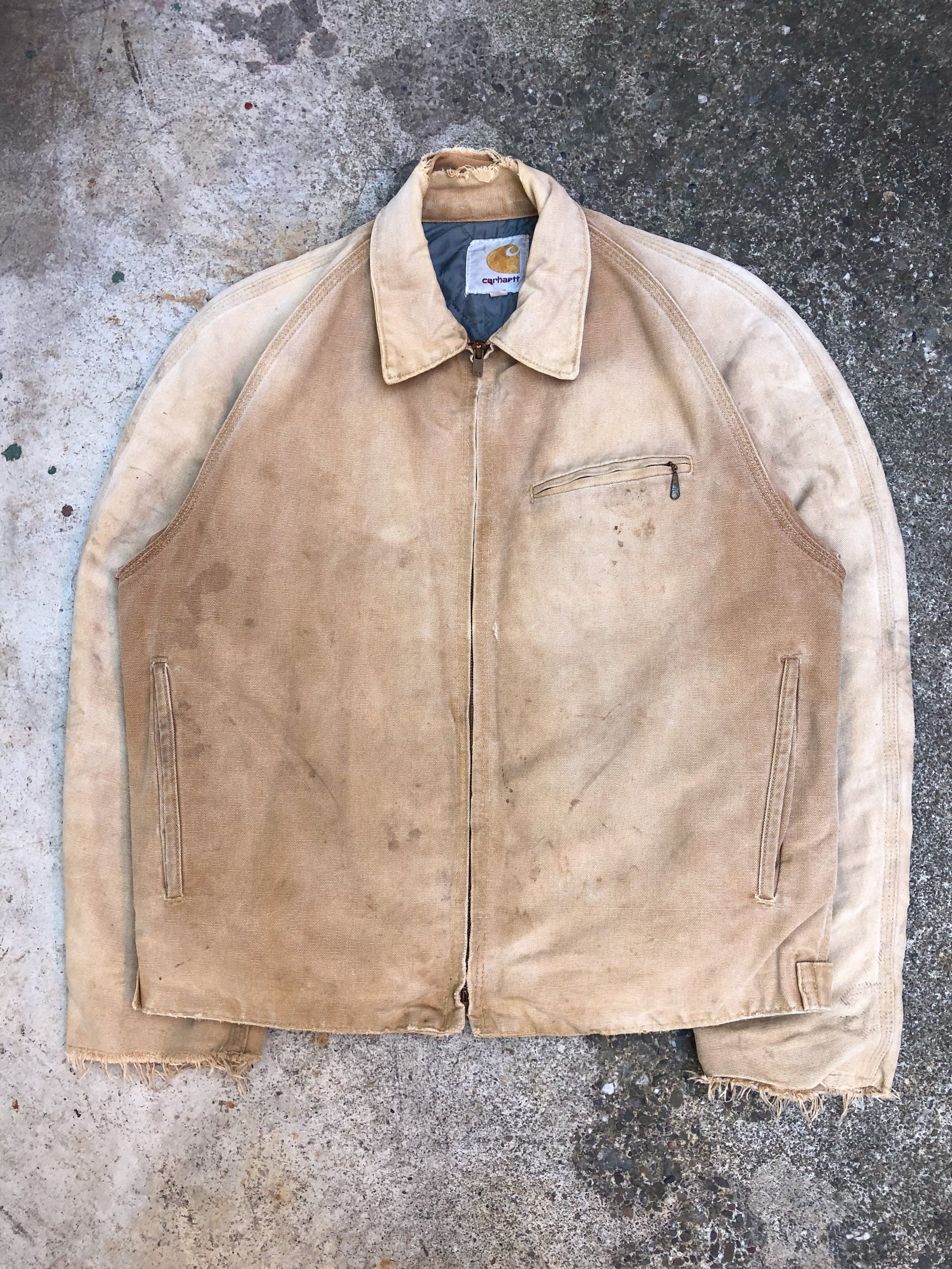1960s Carhartt Talon Zip Faded Tan Quilted Work Jacket (S)