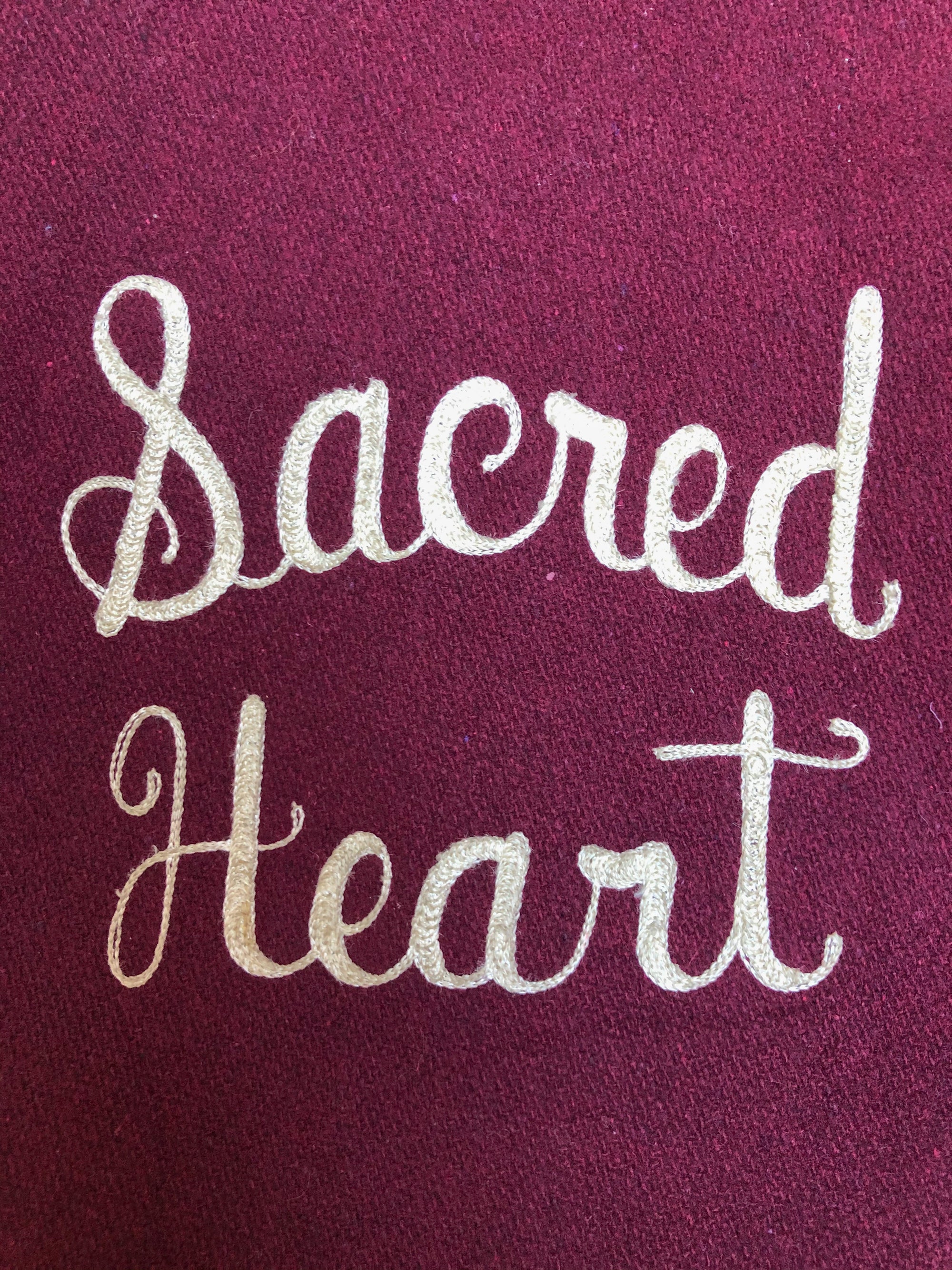 1980s Maroon Chain Stitch “Sacred Heart” Varsity Jacket (XS/S)
