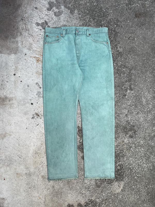 1990s Levi’s Faded Green Blue Overdye 501 Released Hem (34X31)